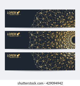 Modern set of vector banners. Geometric abstract banner with golden mandala. Connected line with dots. Molecule and communication background for medicine, science, technology , chemistry.