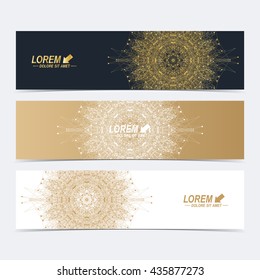 Modern set of vector banners. Geometric abstract banner with golden mandala. Connected line with dots. Molecule and communication background for medicine, science, technology , chemistry.