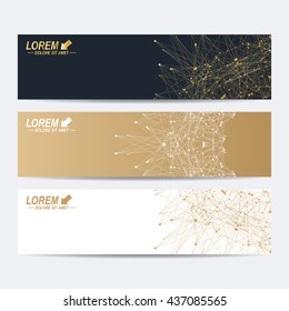 Modern set of vector banners. Geometric abstract banner with golden mandala. Connected line with dots. Molecule and communication background for medicine, science, technology, chemistry.