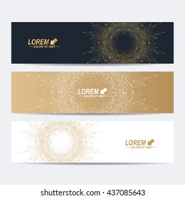 Modern set of vector banners. Geometric abstract banner with golden mandala. Connected line with dots. Molecule and communication background for medicine, science, technology, chemistry.