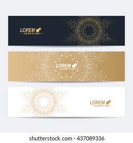 Modern set of vector banners. Geometric abstract banner with golden mandala. Connected line with dots. Molecule and communication background for medicine, science, technology, chemistry.
