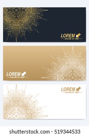 Modern set of vector banners. Geometric abstract presentation with golden mandala. Molecule and communication background for medicine, science, technology, chemistry.Digital or science representation