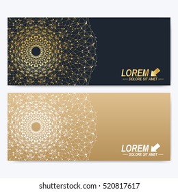 Modern set of vector banners. Geometric abstract presentation with golden mandala. Molecule and communication background for medicine, science, technology, chemistry.Digital or science representation
