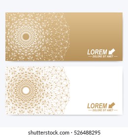 Modern set of vector banners. Geometric abstract presentation with golden mandala. Molecule and communication background for medicine, science, technology, chemistry.Digital or science representation
