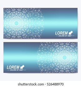 Modern set of vector banners. Geometric abstract presentation. Molecule DNA and communication background for medicine, science, technology, chemistry. Cybernetic dots. Lines plexus