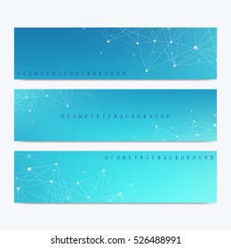 Modern set of vector banners. Geometric abstract presentation. Molecule DNA and communication background for medicine, science, technology, chemistry. Cybernetic dots. Lines plexus