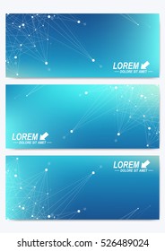 Modern set of vector banners. Geometric abstract presentation. Molecule DNA and communication background for medicine, science, technology, chemistry. Cybernetic dots. Lines plexus