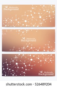 Modern set of vector banners. Geometric abstract presentation. Molecule DNA and communication background for medicine, science, technology, chemistry. Cybernetic dots. Lines plexus