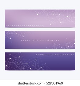 Modern set of vector banners. Geometric abstract presentation. Molecule DNA and communication background for medicine, science, technology, chemistry. Cybernetic dots. Lines plexus