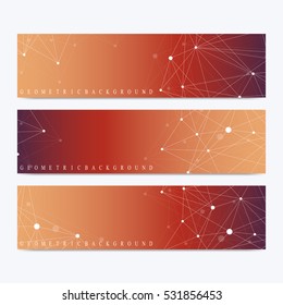 Modern set of vector banners. Geometric abstract presentation. Molecule DNA and communication background for medicine, science, technology, chemistry. Cybernetic dots. Lines plexus