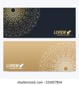 Modern set of vector banners. Geometric abstract presentation with golden mandala. Molecule and communication background for medicine, science, technology, chemistry.Digital or science representation