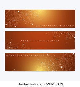 Modern set of vector banners. Geometric abstract presentation. Molecule DNA and communication background for medicine, science, technology, chemistry. Cybernetic dots. Lines plexus
