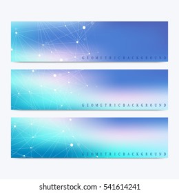 Modern set of vector banners. Geometric abstract presentation. Molecule DNA and communication background for medicine, science, technology, chemistry. Cybernetic dots. Lines plexus.