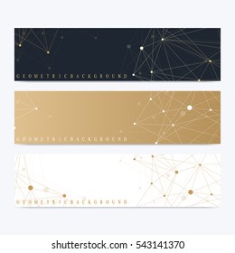 Modern set of vector banners. Geometric abstract presentation. Molecule DNA and communication background for medicine, science, technology, chemistry. Cybernetic dots. Lines plexus