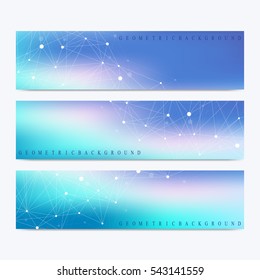 Modern set of vector banners. Geometric abstract presentation. Molecule DNA and communication background for medicine, science, technology, chemistry. Cybernetic dots. Lines plexus
