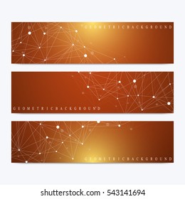 Modern set of vector banners. Geometric abstract presentation. Molecule DNA and communication background for medicine, science, technology, chemistry. Cybernetic dots. Lines plexus
