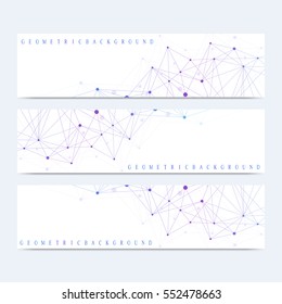 Modern set of vector banners. Geometric abstract presentation. Molecule DNA and communication background for medicine, science, technology, chemistry. Cybernetic dots. Lines plexus.