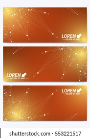 Modern set of vector banners. Geometric abstract presentation. Molecule DNA and communication background for medicine, science, technology, chemistry. Cybernetic dots. Lines plexus