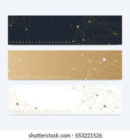 Modern set of vector banners. Geometric abstract presentation. Molecule DNA and communication background for medicine, science, technology, chemistry. Cybernetic dots. Lines plexus