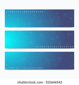 Modern set of vector banners. Geometric abstract presentation. Molecule DNA and communication background for medicine, science, technology, chemistry. Cybernetic dots. Lines plexus