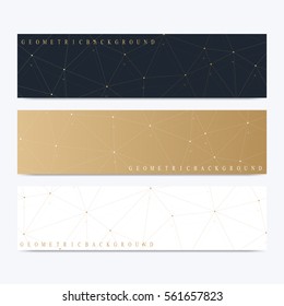 Modern set of vector banners. Geometric abstract presentation. Molecule DNA and communication background for medicine, science, technology, chemistry. Cybernetic dots. Lines plexus