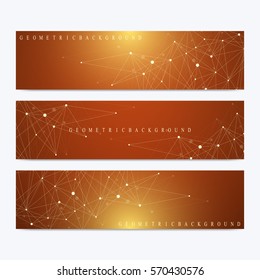 Modern set of vector banners. Geometric abstract presentation. Molecule DNA and communication background for medicine, science, technology, chemistry. Cybernetic dots. Lines plexus