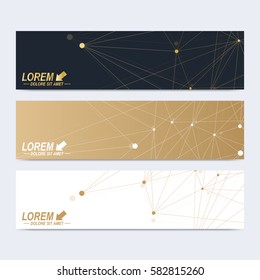 Modern set of vector banners. Geometric abstract presentation. Molecule DNA and communication background for medicine, science, technology, chemistry. Cybernetic dots. Lines plexus