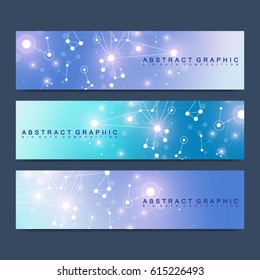 Modern set of vector banners. Geometric abstract presentation. Molecule DNA and communication background for medicine, science, technology, chemistry. Cybernetic dots. Lines plexus