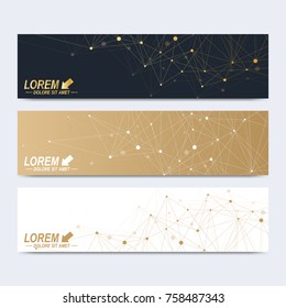 Modern set of vector banners. Geometric abstract presentation. Molecule DNA and communication background for medicine, science, chemistry. Golden cybernetic dots. Lines plexus. Card surface