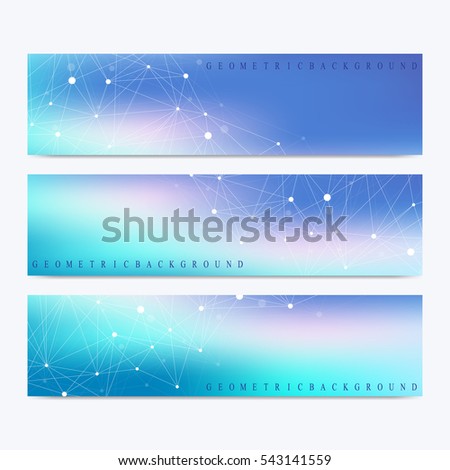 Modern set of vector banners. Geometric abstract presentation. Molecule DNA and communication background for medicine, science, technology, chemistry. Cybernetic dots. Lines plexus