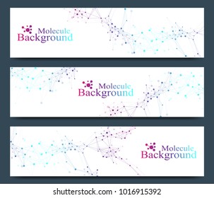 Modern set of vector banners. Molecule DNA and communication background for medicine, science, technology, chemistry. Cybernetic dots. Lines plexus.