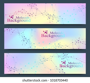 Modern set of vector banners. Molecule DNA and communication background for medicine, science, technology, chemistry. Cybernetic dots. Lines plexus.