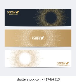 Modern set of vector banners. Molecule and communication background. Geometric abstract round  golden forms. Connected line with dots. Graphic composition for medicine, science, technology , chemistry