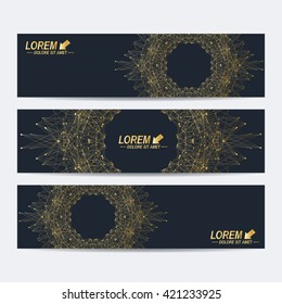 Modern set of vector banners. Molecule and communication background. Geometric abstract round golden forms. Connected line with dots. Graphic composition for medicine, science, technology , chemistry.