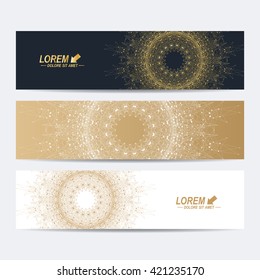 Modern set of vector banners. Molecule and communication background. Geometric abstract round golden forms. Connected line with dots. Graphic composition for medicine, science, technology , chemistry.