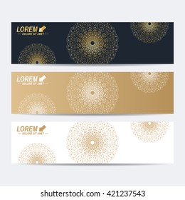 Modern set of vector banners. Molecule and communication background. Geometric abstract round golden forms. Connected line with dots. Graphic composition for medicine, science, technology , chemistry.