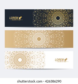 Modern set of vector banners. Molecule and communication background. Geometric abstract round golden forms. Connected line with dots. Graphic composition for medicine, science, technology , chemistry