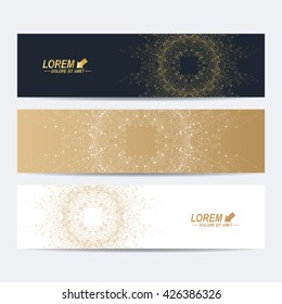 Modern set of vector banners. Molecule and communication background. Geometric abstract round golden forms. Connected line with dots. Graphic composition for medicine, science, technology , chemistry