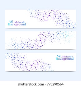 Modern set of vector banners. Molecule DNA and communication background for medicine, science, technology, chemistry. Cybernetic dots. Lines plexus.
