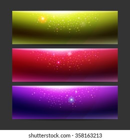 Modern set of vector banners with night lights. Party design template. Stylish digital background collection. Header style energy template. Tech design presentation. Energy lights at techno backdrop.