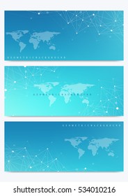 Modern set of vector banners with World Map. Geometric presentation. Molecule DNA and communication background for medicine, science, technology, chemistry. Cybernetic dots. Lines plexus. Card surface