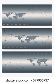 Modern set of vector banners with World Map. Geometric presentation. Molecule DNA and communication background for medicine, science, technology, chemistry.Cybernetic dots. Lines plexus. Card surface