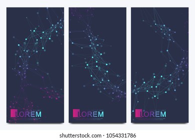 Modern set of vector flyer, web, banner, card, vip, gift, voucher. Scientific flow molecule background for medicine, science, technology, chemistry. Cybernetic dots. Lines plexus. Card surface