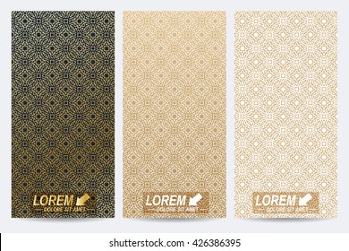 Modern set of vector flyers in arabian style. Flyer, web, banner, card, vip, certificate, gift, voucher. Islamic pattern design. Ramadan kareem background.