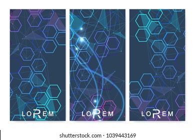 Modern set of vector flyers, banners. Geometric abstract presentation. Molecule and communication background for medicine, science, technology, chemistry