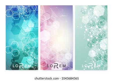 Modern set of vector flyers, banners. Geometric abstract presentation. Molecule and communication background for medicine, science, technology, chemistry