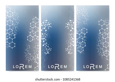 Modern set of vector flyers, banners. Geometric abstract presentation. Molecule and communication background for medicine, science, technology, chemistry