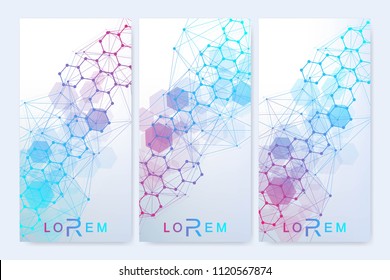 Modern set of vector flyers, banners. Geometric abstract presentation. Molecule and communication background for medicine, science, technology, chemistry.