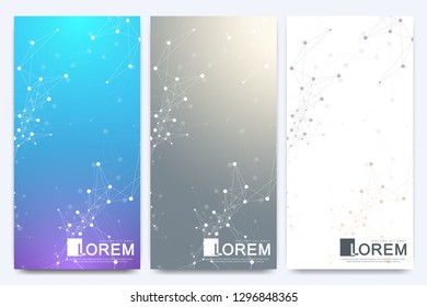 Modern set of vector flyers. Geometric abstract presentation with golden mandala. Molecule and communication background for medicine, science, technology, chemistry.
