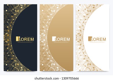 Modern set of vector flyers. Geometric abstract presentation with golden mandala. Molecule and communication background for medicine, science, technology, chemistry